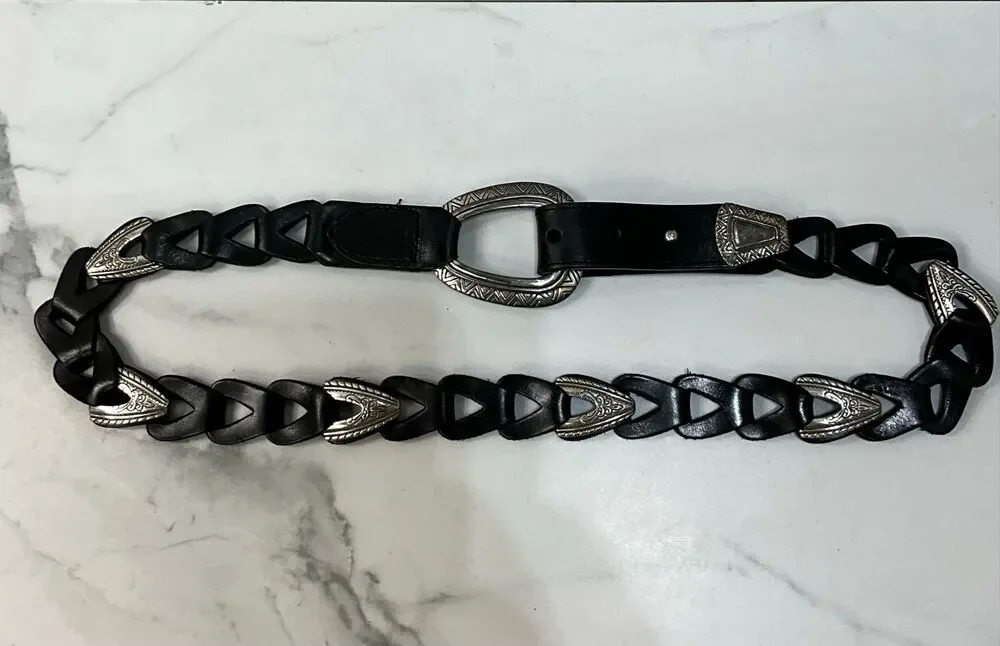 VINTAGE BRIGHTON Black Leather And Silver Braided Western Belt